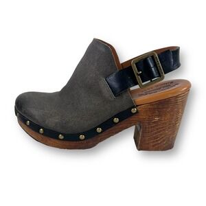 Kork-Ease Grey Suede Slingback Clogs Studded Wood Block Heel Mules Mens 8M